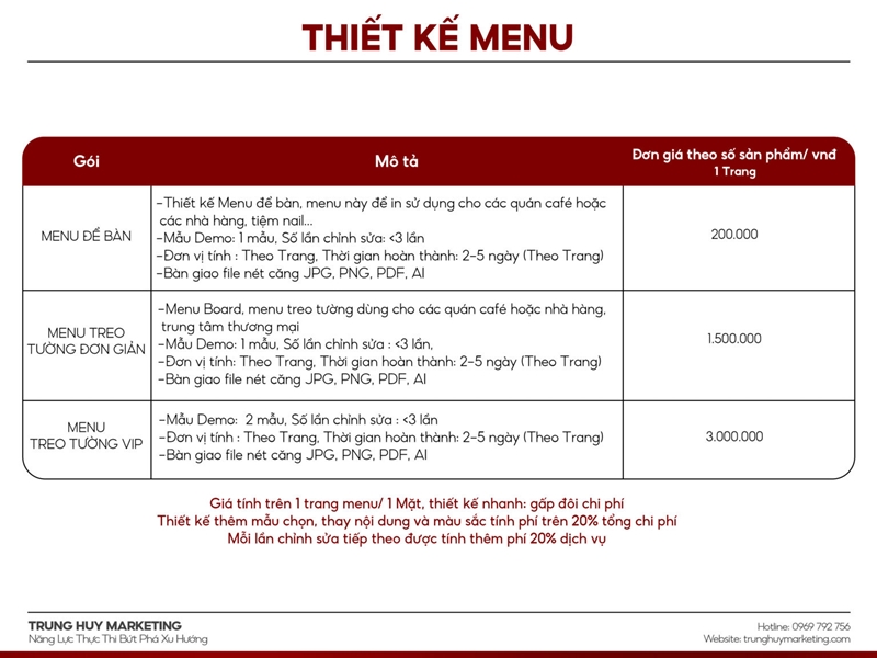 bảng giá dịch vụ thiết kế menu tại Trung Huy Marketing