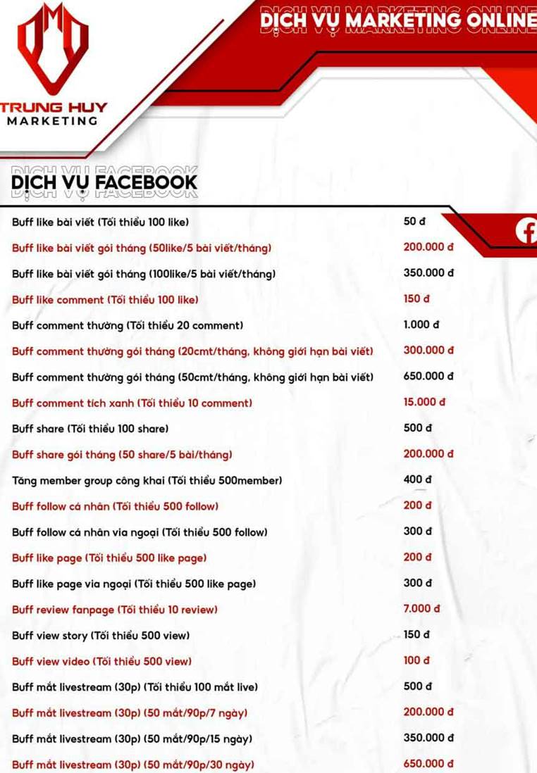 Bảng giá buff facebook công ty Trung Huy Marketing